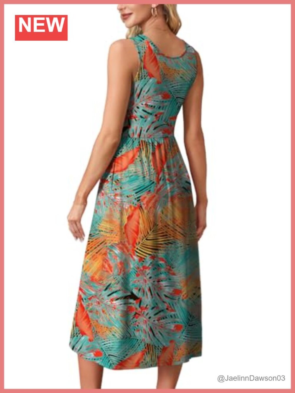 Flowy Midi Sundress with Pockets Scoop Neck A-Line Casual Beach Dress - Picture 4 of 6